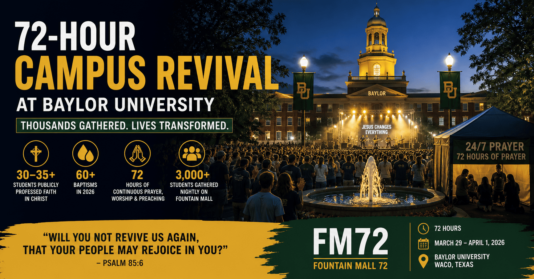 72-Hour Campus Revival at Baylor University Draws Thousands to Prayer and Worship